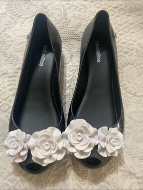 Melissa Black Glitter Wedge Sandals sz 4